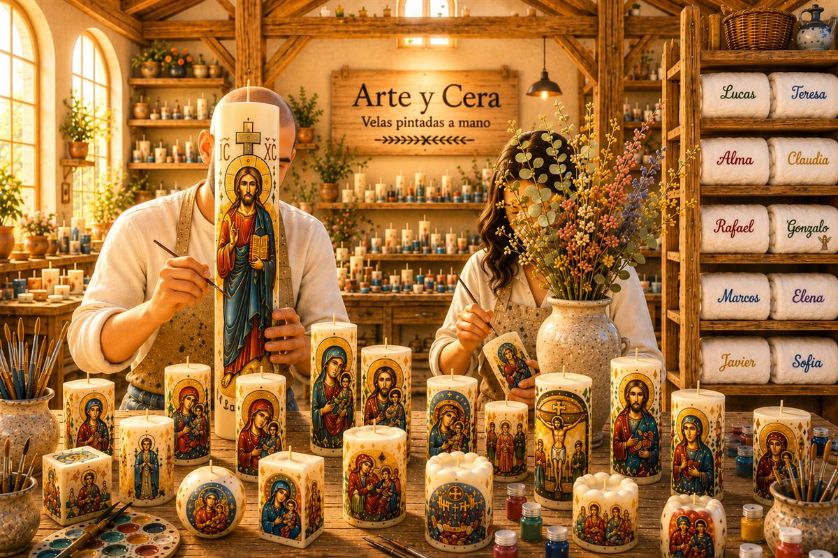 Artesanos pintando velas a mano en el taller